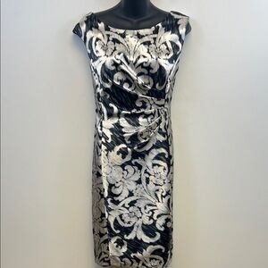 Connected Apparel Elegant Black and Cream Satiny Dressy Patterned Dress  Size 12